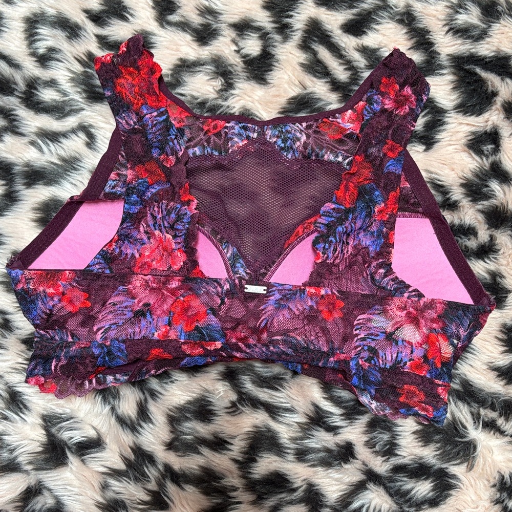 PINK Victoria's Secret Purple Blue and Pink Floral Lace Bralette w/ Mesh - Picture 7 of 10